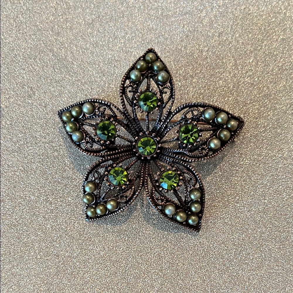 Filigree Flower Brooch With Green Pearls and Rhinestones